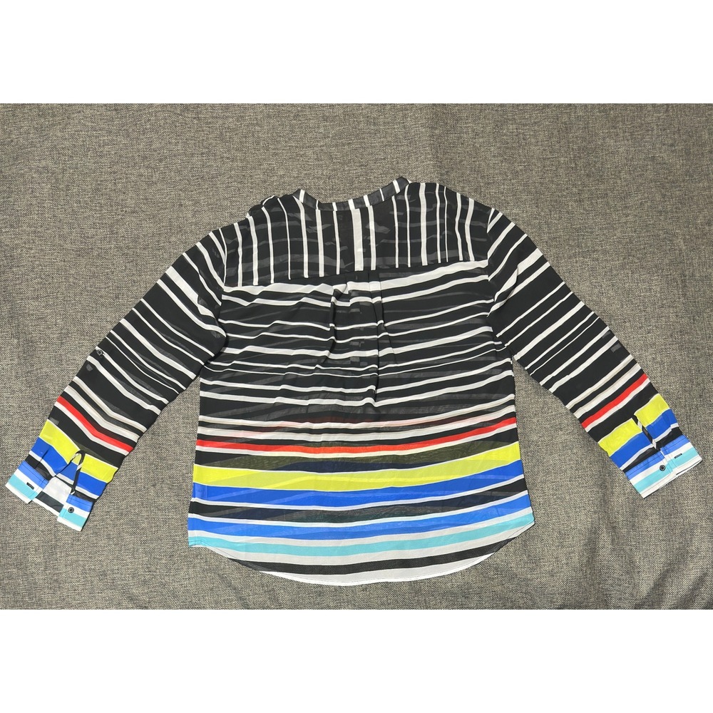 a.n.a Women's PL Blouse Multi-Color Striped Sheer Henley V-Neck Long Sleeve - Picture 2 of 7